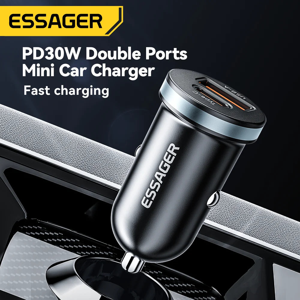 شاحن سيارة Essager 30 وات USB C شاحن سريع من النوع C PD QC 3.0 SCP 5A شحن سريع لشحن الهاتف في السيارة لهاتف iPhone وXiaomi وSamsung