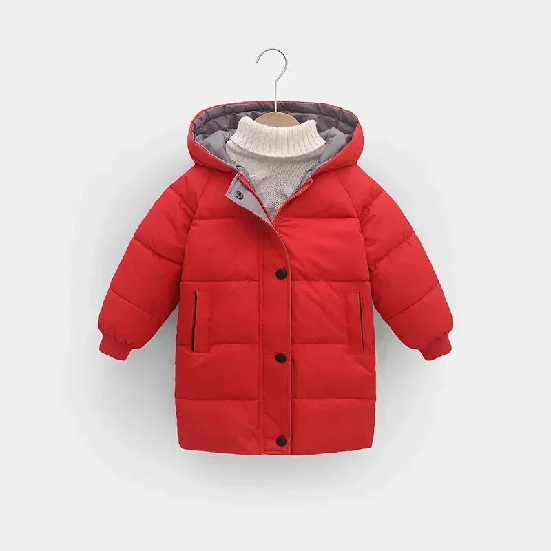 Children's hooded cotton jacket, medium length windproof jacket, warm, cold proof, solid color, winter, new fashionable down jac