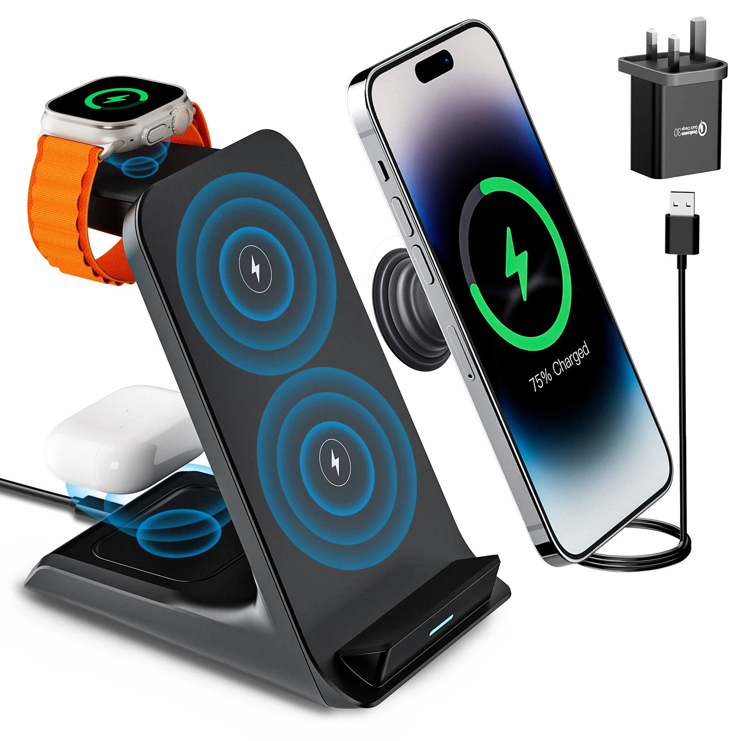 KPON 3 in 1 Wireless Charger Stand For iPhone 15/14/13/12 Pro Max15W Fast Charging Station for AppleWatch 9/8/7/6/5 Airpods 3/2