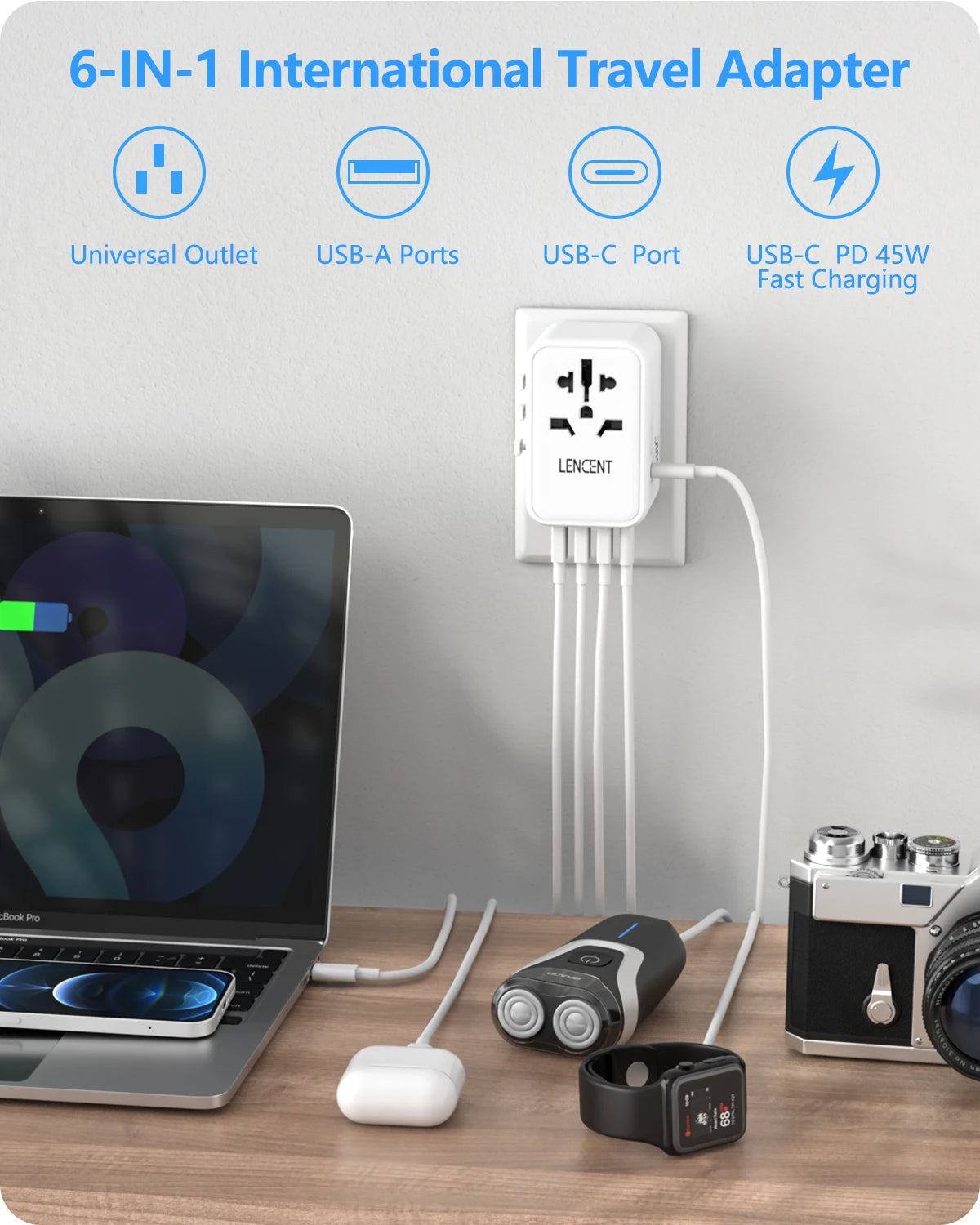 Bulbusbow 65W Universal Travel Adapter with 2 USB Ports and 3 Type-C Fast Charging Ports