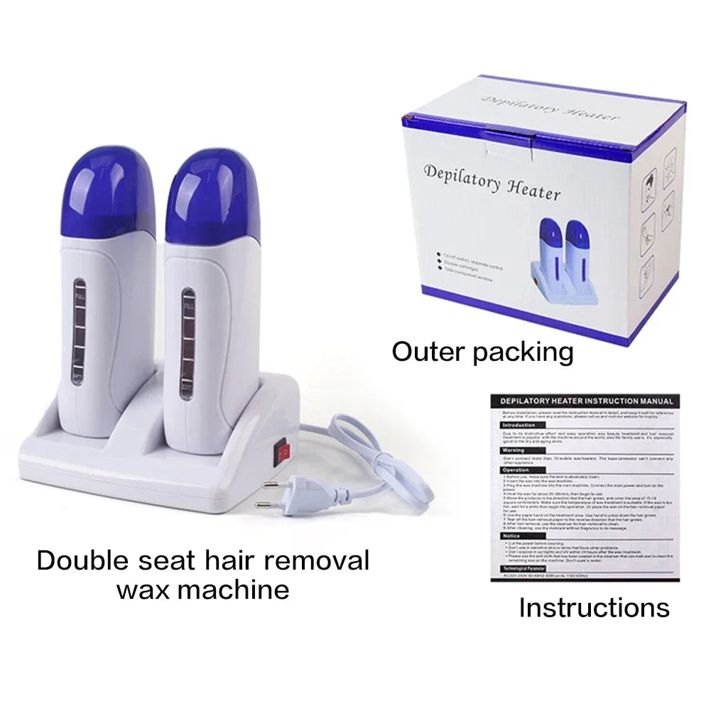 Electric Double Wax Heater Epilator Cartridge Wax Roller Base Roll On Waxing Refillable Hair Removal Machine Depilatory Heater