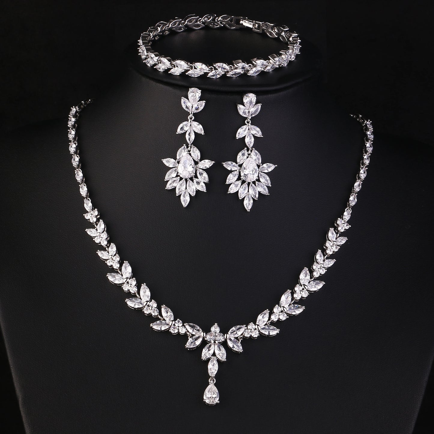 ZAKOL Luxury Brilliant Zirconia Leaf Necklace Earrings Rings Bracelets Set for Women CZ Drop Bridal Wedding Jewelry Sets