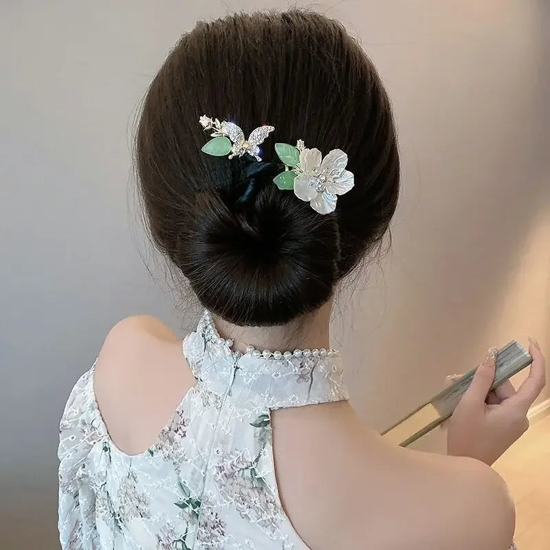 Fashion Butterfly Flower Updo Hair Accessories for Women Retro Luxury Lazy Man Tie Up Hair Stick Headwear Hair Clips for Girls