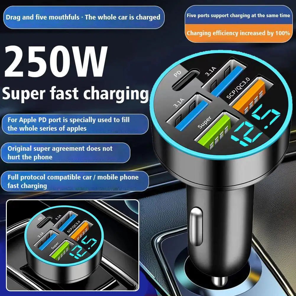 5 Ports USB Car Charge 250W Quick Mini Fast Charging For IPhone 11 Mobile Phone Charger Adapter In Car I6A1