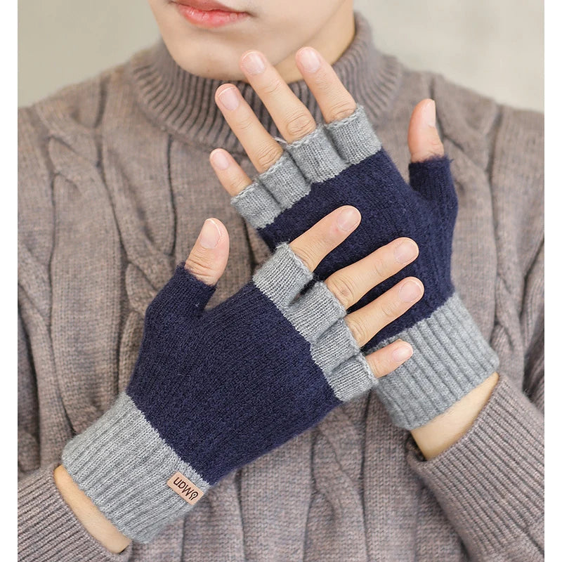 Men Winter Fingerless Half Finger Knitted Gloves Office Knitted Warm Exposed Finger Thick Gloves Elastic Driving Gloves