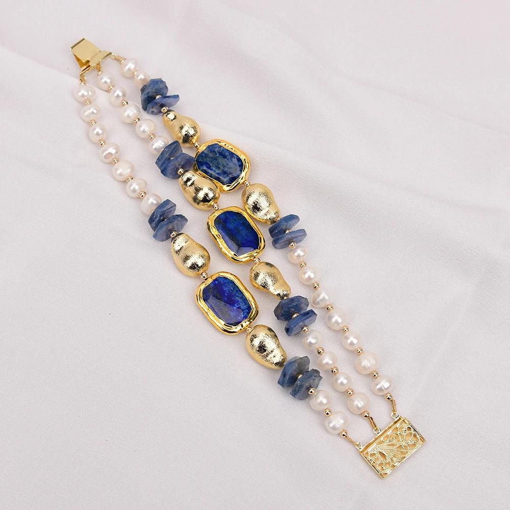 GG 3 Rows Natural Kyanite Gems White Pearl Gold Plated Blue Lapis lazuli Brushed Beads Bracelet 8'' For Lady