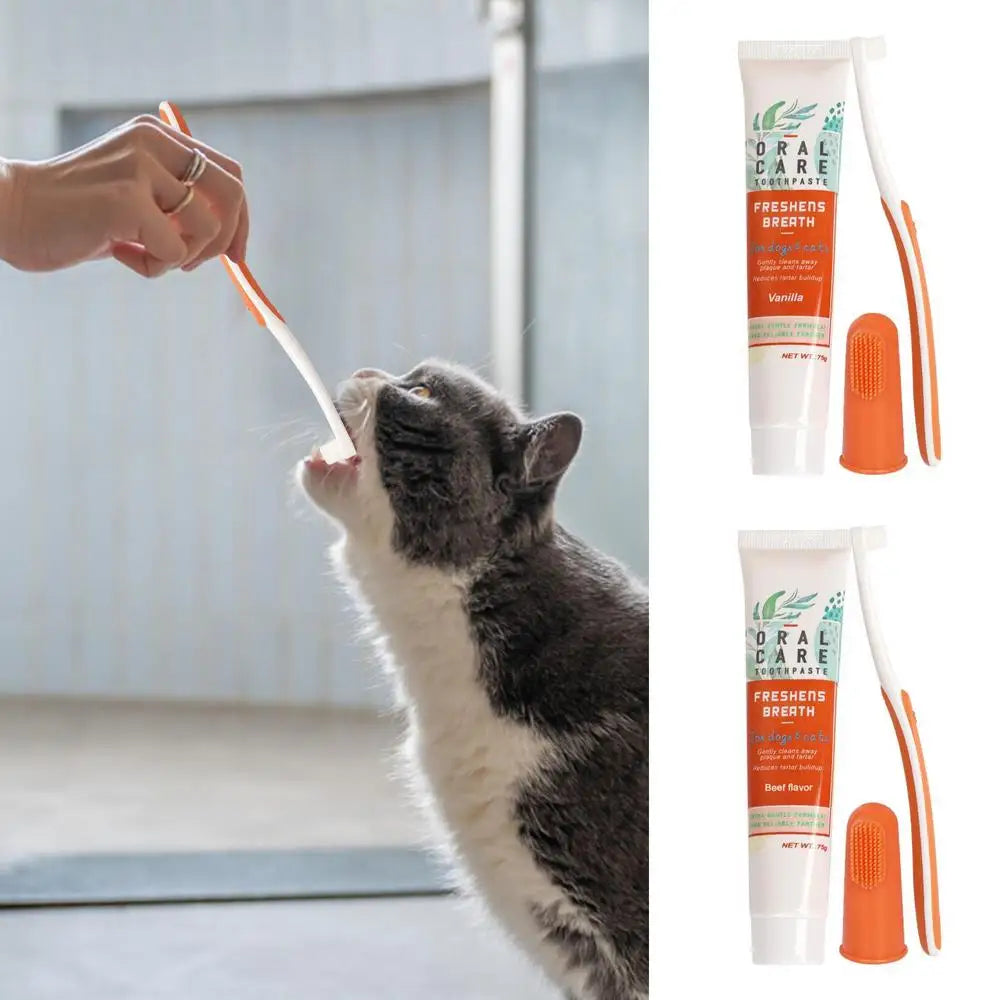 Pet Healthy Edible Toothpaste With Toothbrush Small Dog Cats Mouth Teeth Cleaning Care Vanilla Beef 2 Taste Pet Care Accessories