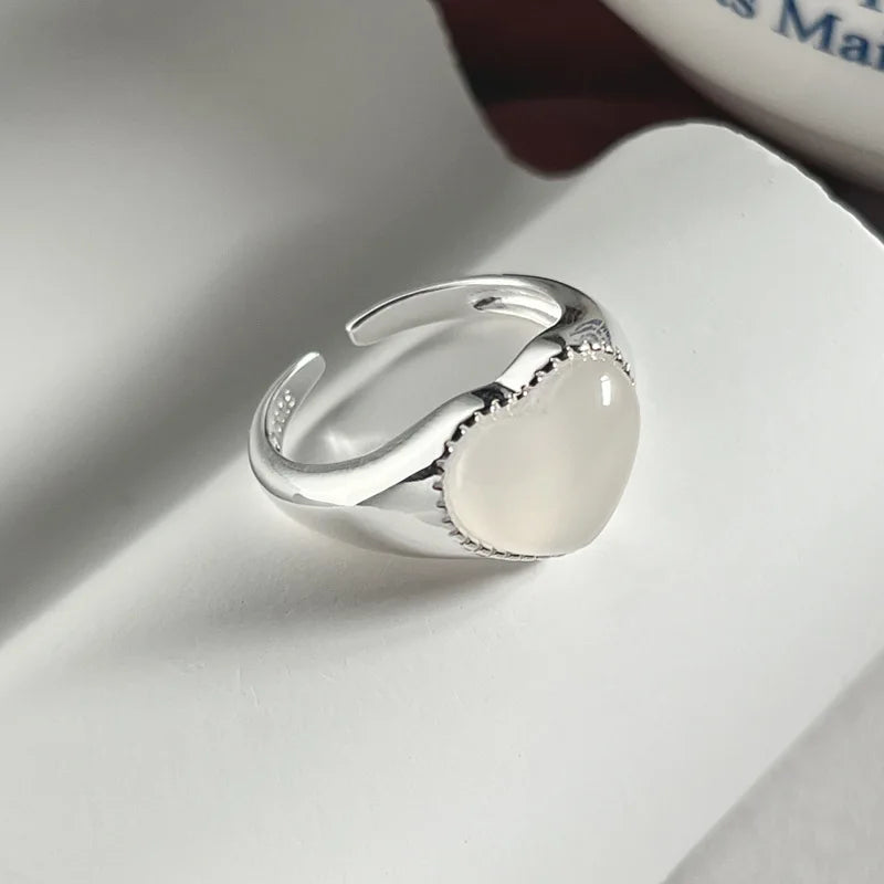 925 Sterling Silver Love Chalcedony Ring Female Simple Elegance Sweet Temperament Peach Heart Shape Opening Design Ring