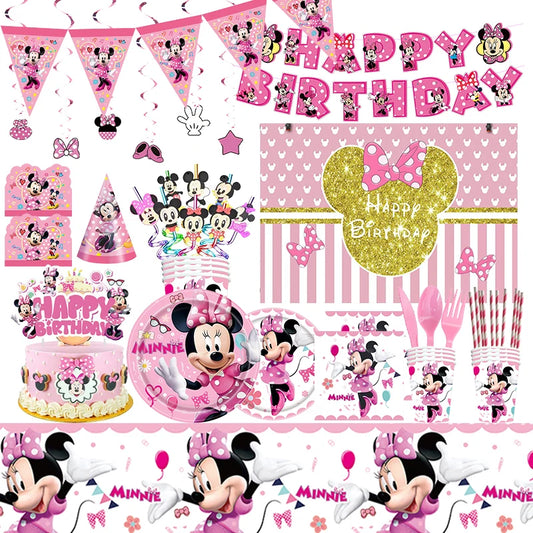 Disney Minnie Mouse Birthday Decorations Tableware Set Balloons Banner Tablecloth Backdrop Mask Kids Party Supplies For Girl