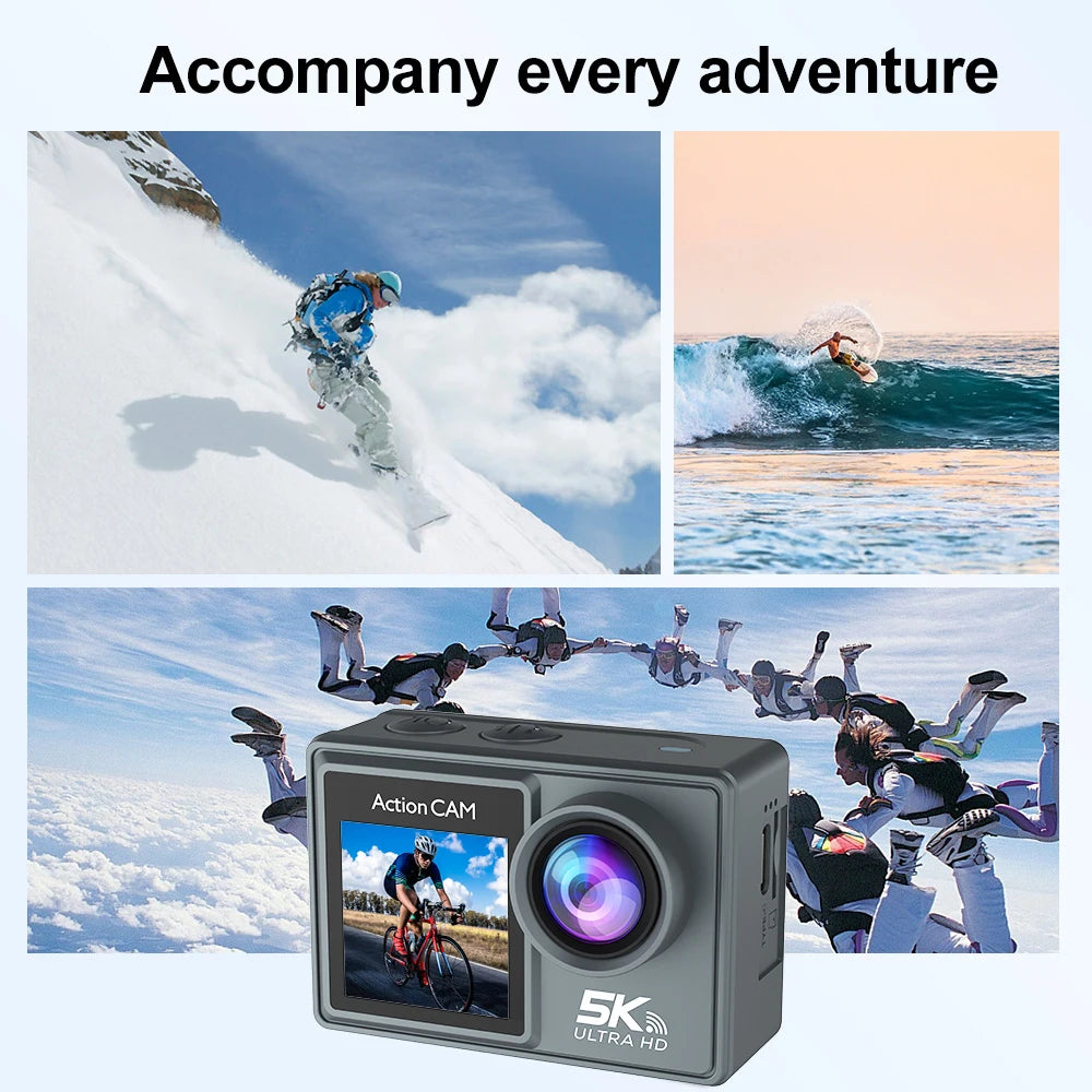 5K 4K60FPS Action Camera Dual IPS Touch LCD DVR EIS 170° 30M Waterproof 5X Zoom Sport Camera With Wireless Mic & Remote Control