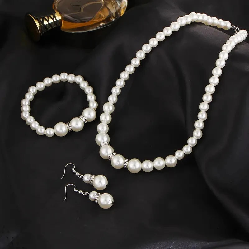 Bulbusbow Fashion Pearl Jewelry Set including double-layer simulated pearl necklace, earrings, and bracelet