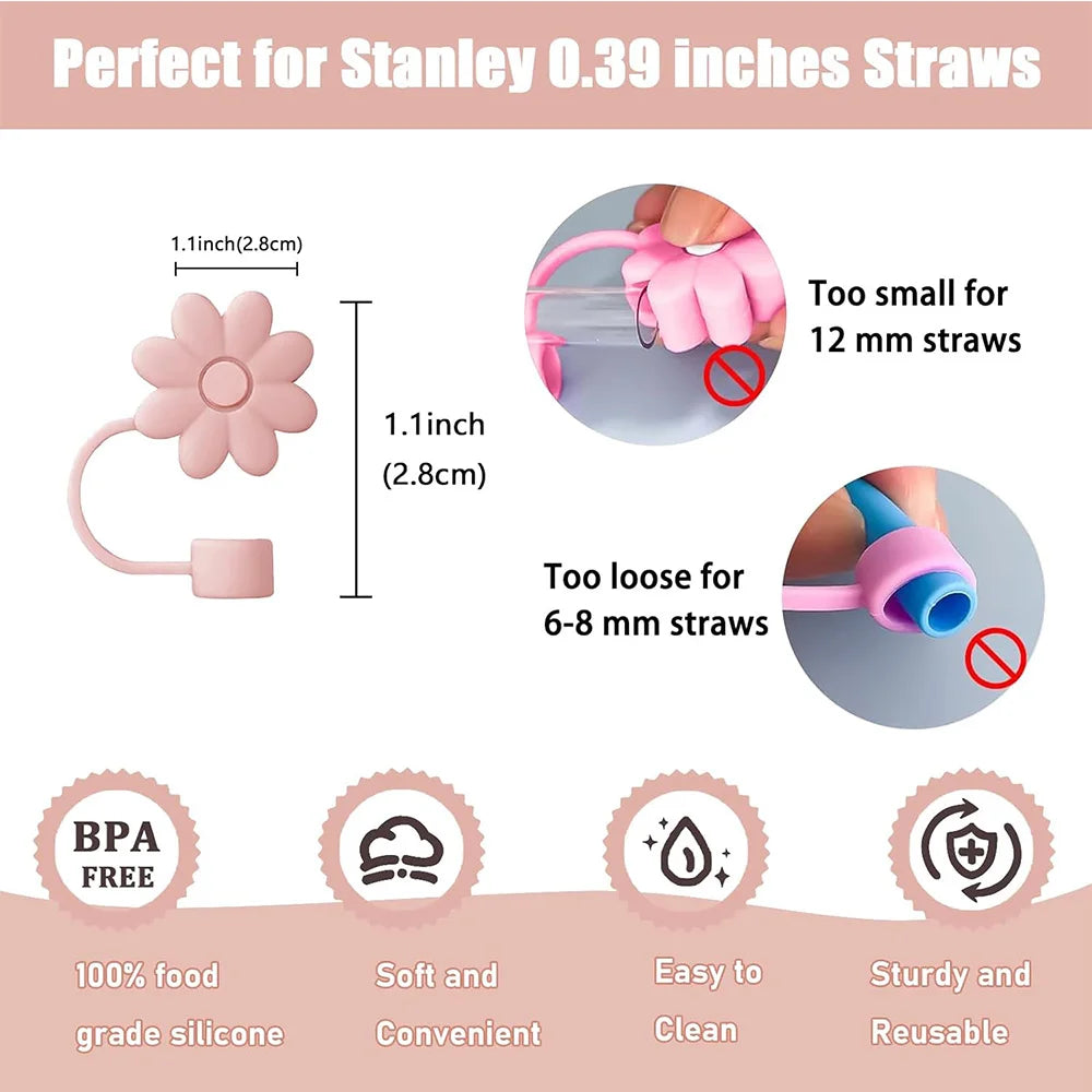 9pcs Accessories Set 3 Spill Proof Stopper Flowers Straw Cover Boot 2 Straw and Brush and 1 Flower Charm Chain for Stanley Cup