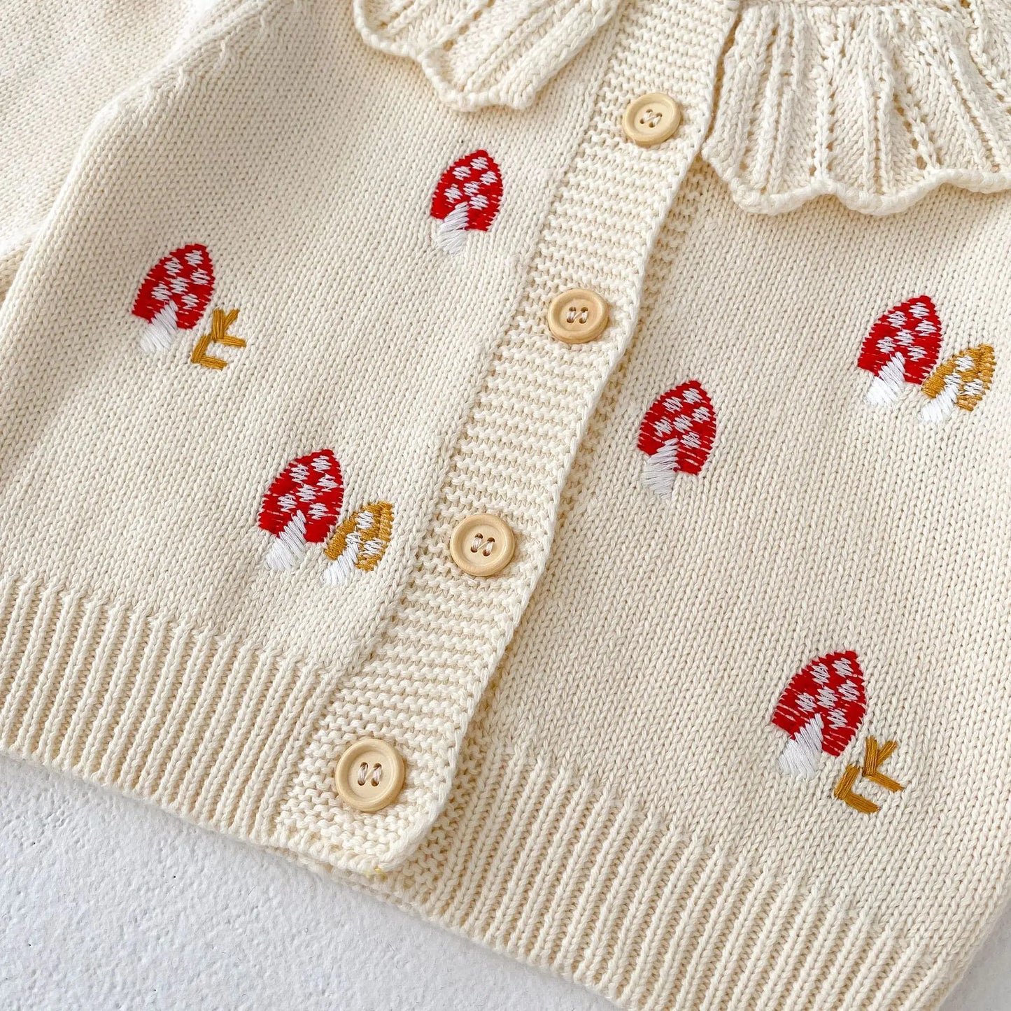 Baby Girl Knit Cardigan  0-3Y | Autumn Winter Cotton Sweater with Embroidered Mushrooms | Toddler and Kids Girls' Coat