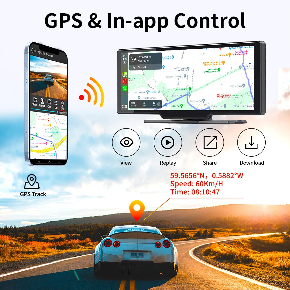 10.26 英寸 4K 行车记录仪 ADAS 无线 Carplay 和 Android Auto 车载 DVR 5G WiFi GPS 导航后视摄像头仪表板视频录像机