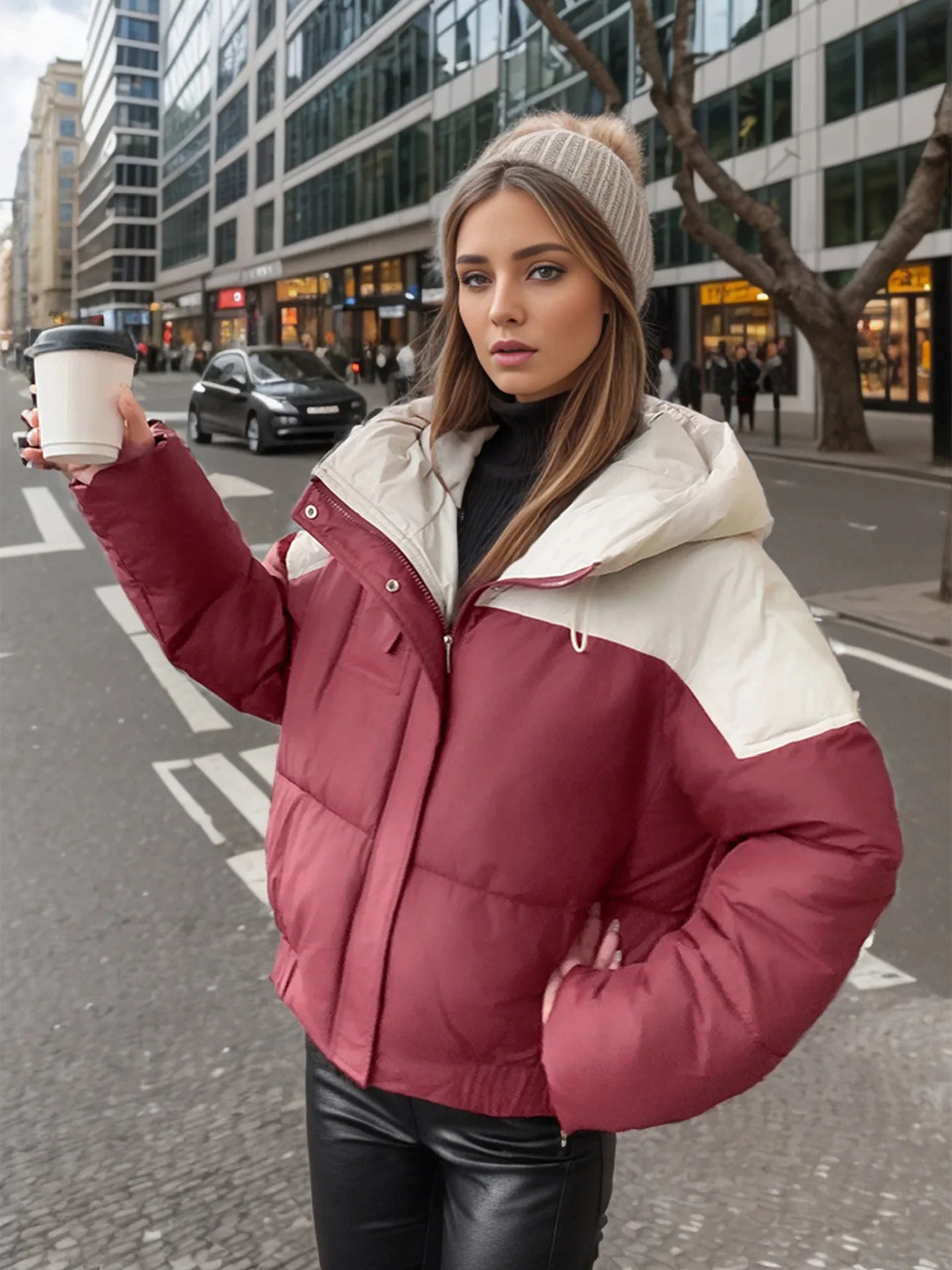 YJKDYK 2024 Winter Women's Cotton Jacket Female Contrast Hooded Thicken Warm Parkas Coats Top Women Street Fashion Jacket