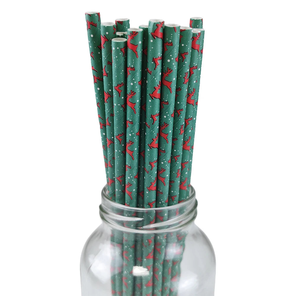 25/50/100pcs Christmas Party Favors Paper Straw Christmas Tree Elk Snowflakes Party Biodegradable Drinking Stripe Straw for Xmas