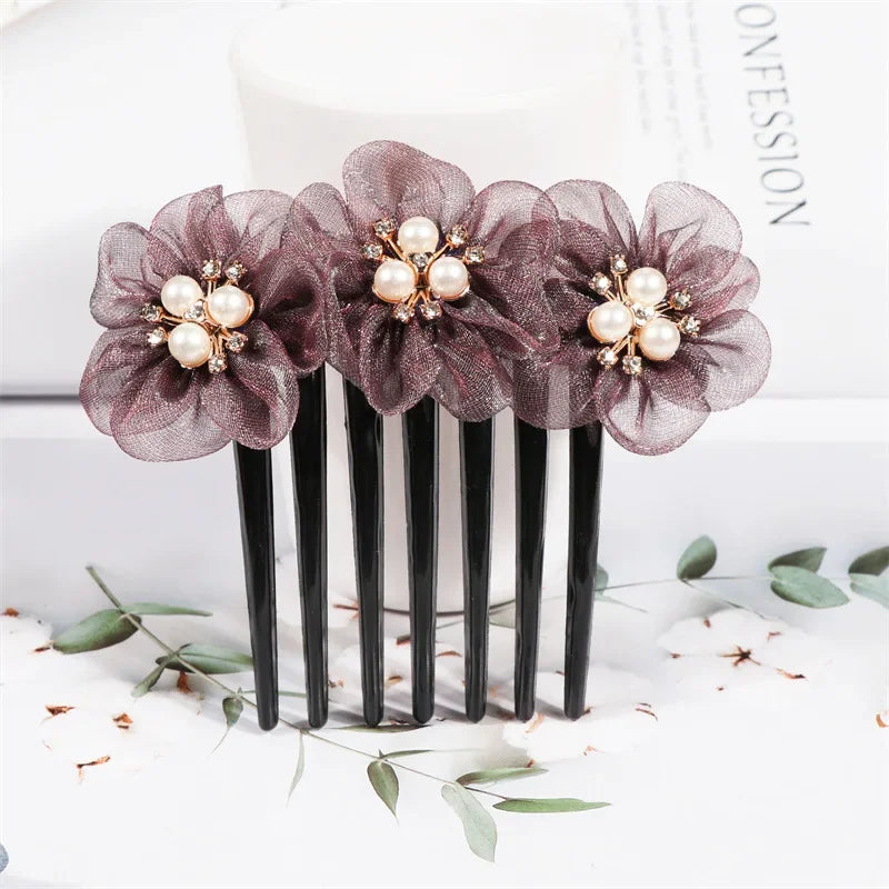 Fashion Flower Inserted Comb Hair Accessories for Women Retro Elegant Silk Seven Tooth Hairpin Mom's Headwear Tiara Hair Clips