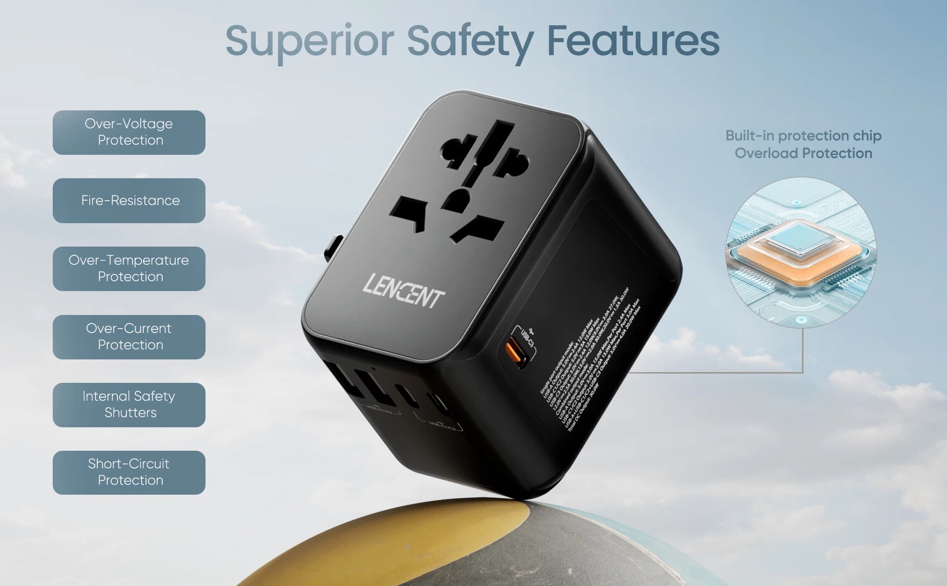 LENCENT 65W GaN 通用旅行适配器，带 2 个 USB 端口 3 型 C 快速充电电源适配器欧盟/英国/美国/澳大利亚插头，适合旅行