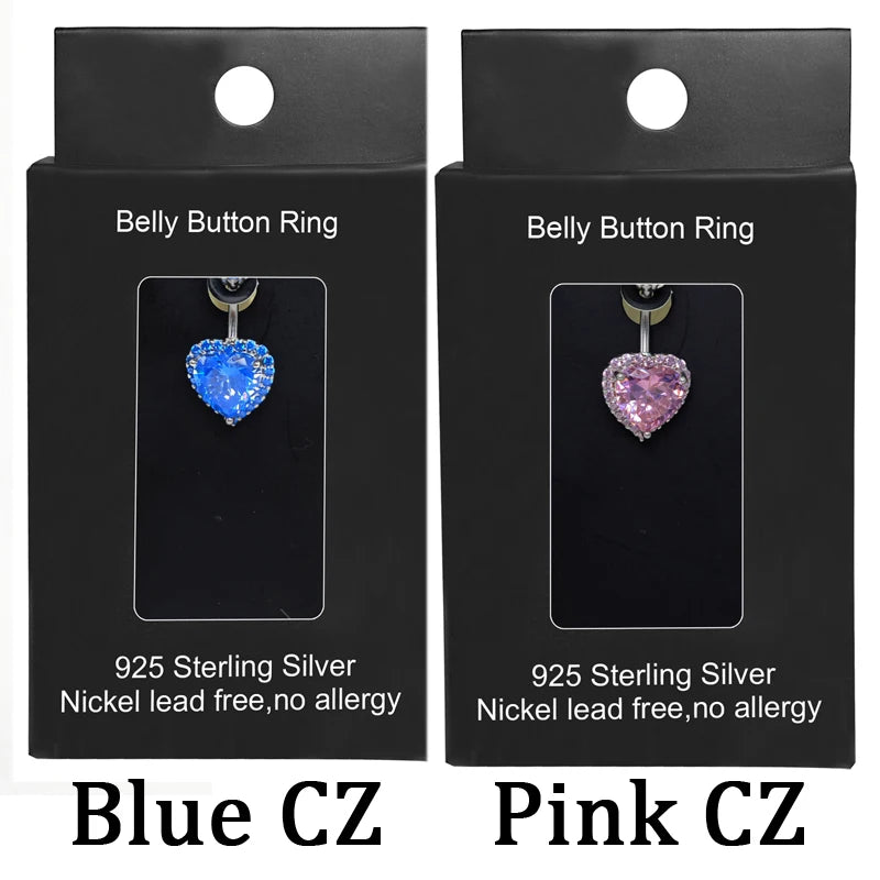 925 Sterling Silver Heart Belly Button Rings for Women – Blue & Pink CZ Navel Barbell Studs | Secure Screw Navel Bars | Trendy Body Piercing Jewelry by Bulbusbow