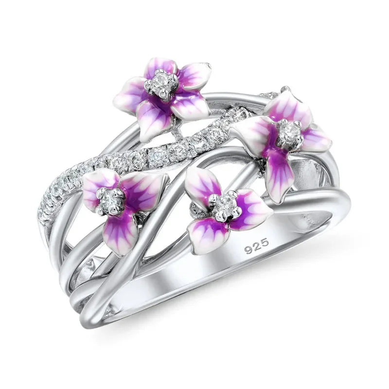 Authentic 925 Sterling Silver Stackable Violet Drop Glue Ring Daisies Flower Zircon Finger Ring for Women Jewelry Gift Bijoux