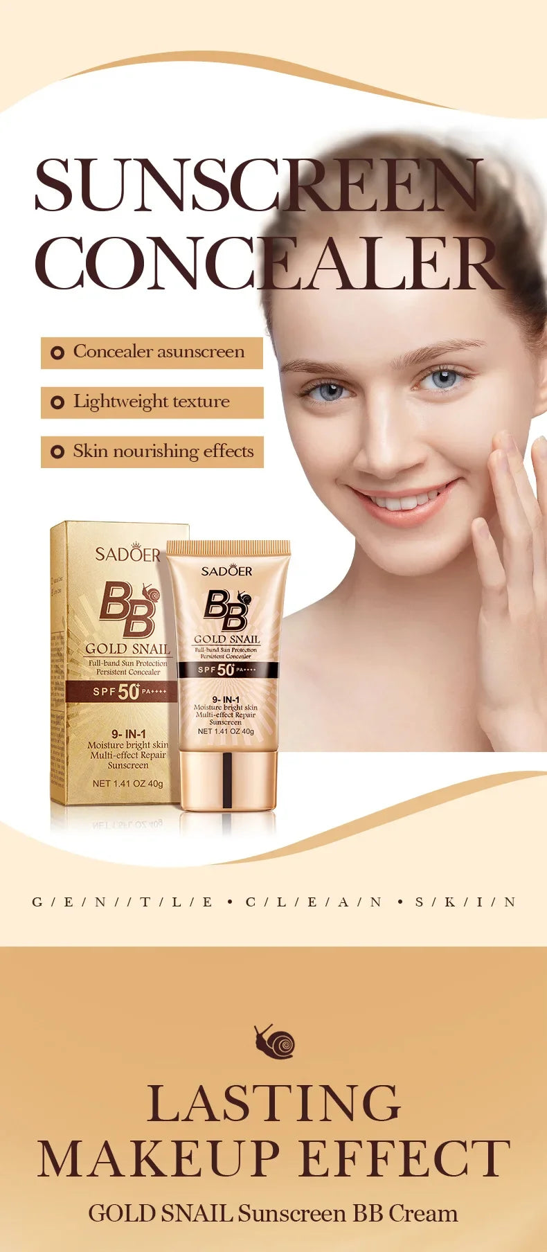 SPF50+ Gold Snail Sunscreen BB Cream Whitening Foundation Concealer Moisturizing Long Lasting Even Skin Tone Makeup Base Primer