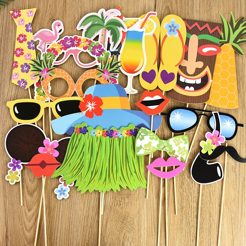 23pcs Hawaiian Party Decorations Photo Booth Props Paper Pineapple Flower Summer Beach Pool Party Hawai Aloha Party Supplies