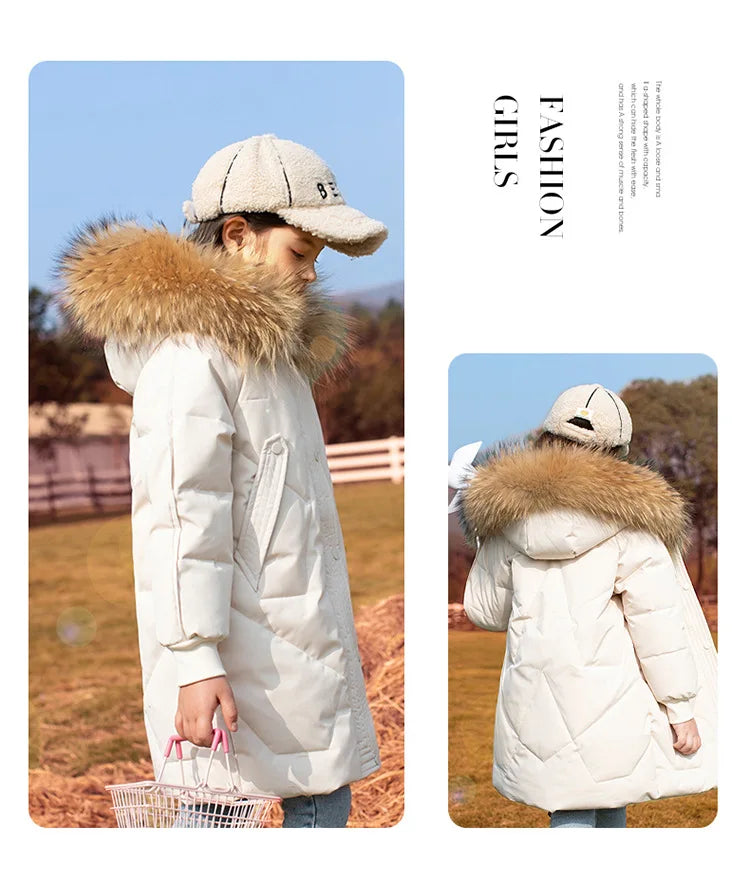 RAISE 2024 Winter Down Jackets For Grils 5-14Y Kids Junior Girl Parkas Real Raccoon Fur Solid Waterbreaker Babys Girls Outerwear