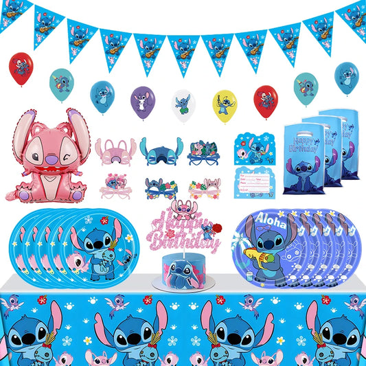 Stitch Disney Birthday Party Decorations Lilo And Stitch Balloons Backdrop Tableware Set Plates Cup Tablecloth Child Supplies