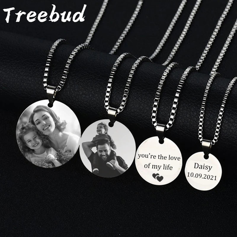 Bulbusbow Treebud Custom Photo Round Pendant Necklace – Personalized Stainless Steel Engraved Picture &amp; Text Jewelry for Mom, Dad, Family