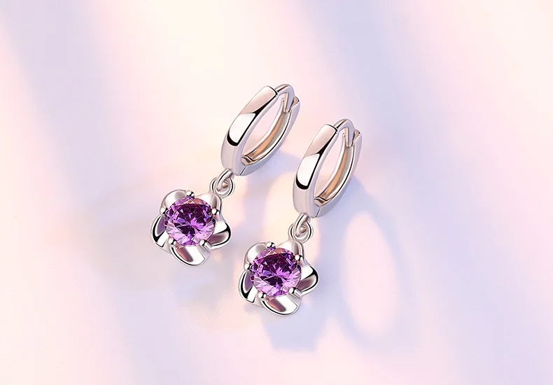 Bulbusbow 925 Sterling Silver Flower Dream Catcher Hoop Earrings with Purple & White Zircon"