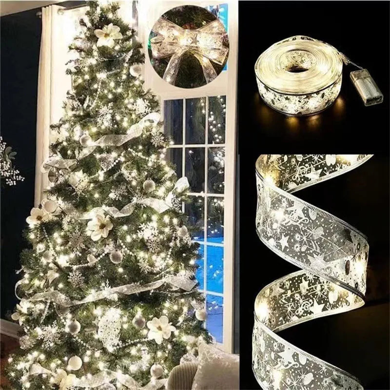 Christmas Decoration LED Ribbon Fairy Lights Christmas Tree Ornaments for Home 2025 DIY Bows Light String Navidad New Year 2025