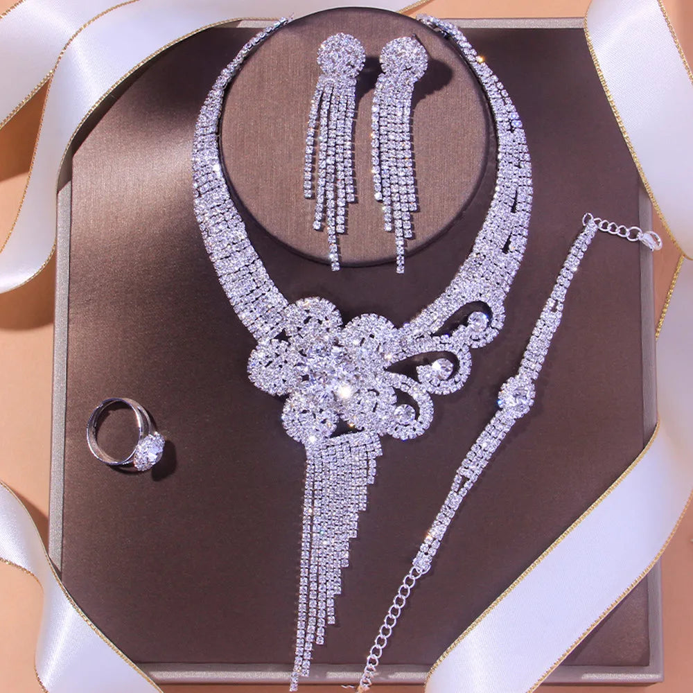  Bulbusbow Stonefans Luxury Flowers Rhinestone Bridal Jewelry Set with Necklace, Bracelet, Earrings, and Ring