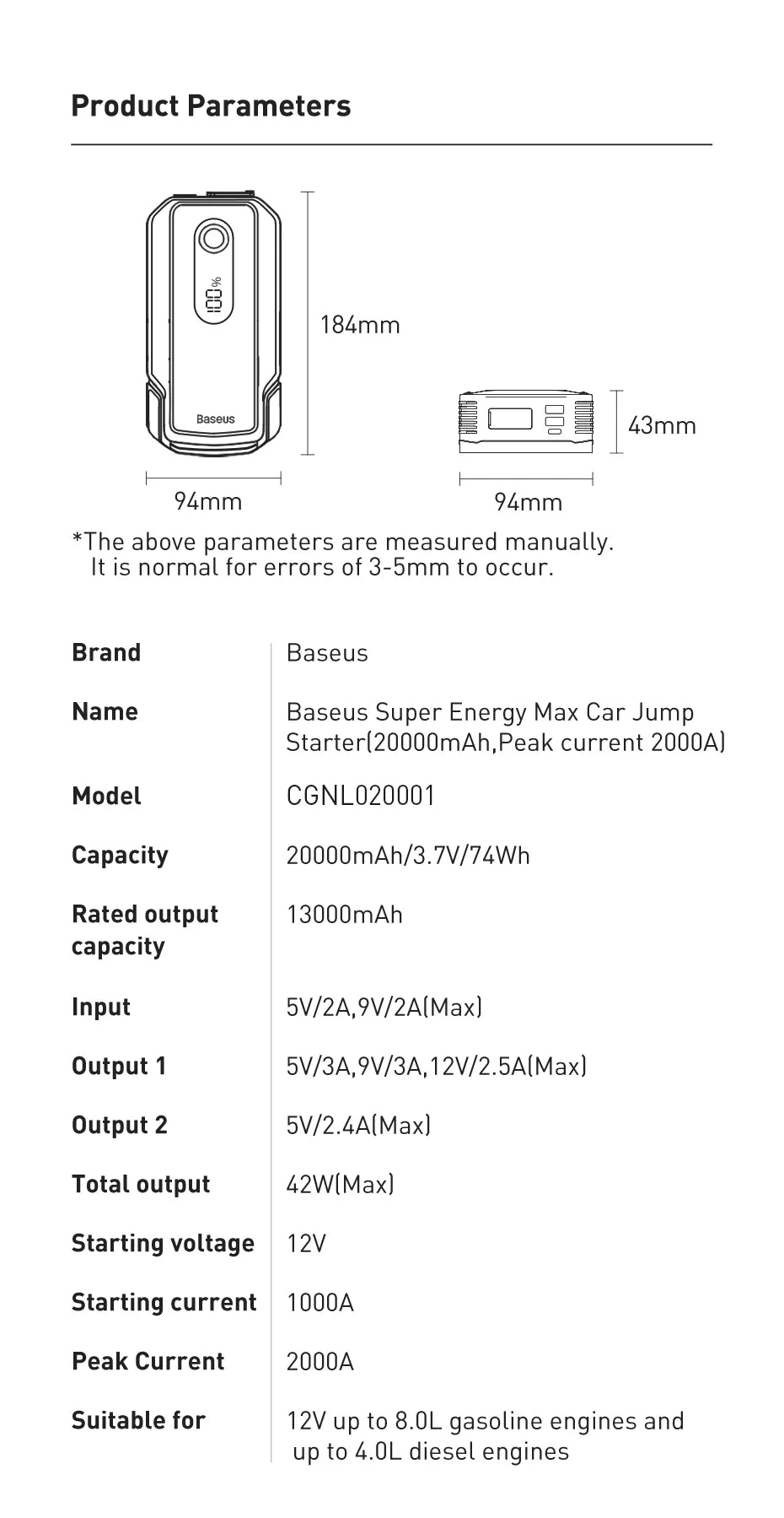 Baseus 2000A Emergency Jump Starter 20000mAh Power Bank Car Start Booster Device for Petrol Diesel Car Battery Starting