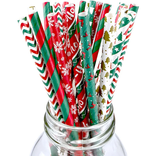 25/50/100pcs Christmas Party Favors Paper Straw Christmas Tree Elk Snowflakes Party Biodegradable Drinking Stripe Straw for Xmas