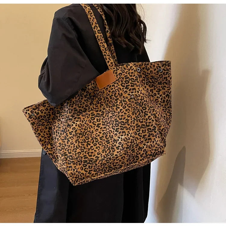 Oversized Leopard Prints Shoulder Bags for Women Deformable Canvas Large Capacity Shopping Totes 2024 Winter New Luxury Handbags