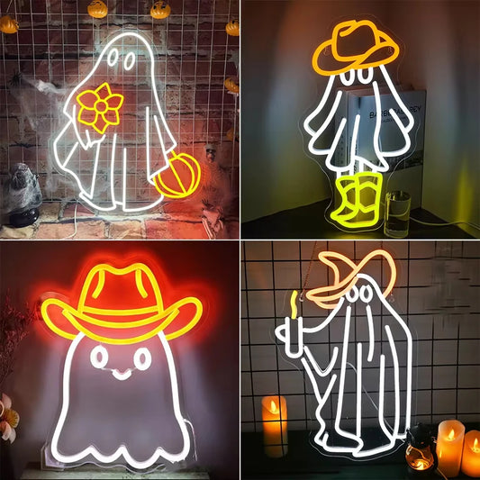 Cute Ghost Neon Sign Dimmable Led Lights Up Sign Halloween Decoration USB Powered For Home Party Living Room Shop Bar Wall Neon