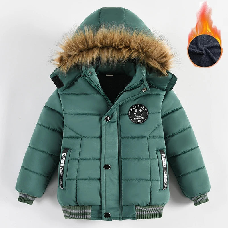 New Winter Boys Jacket Warm Fur Collar Fashion Baby Girls Coat Hooded Zipper Outerwear Birthday Gift 1-6 Years Kids Clothes