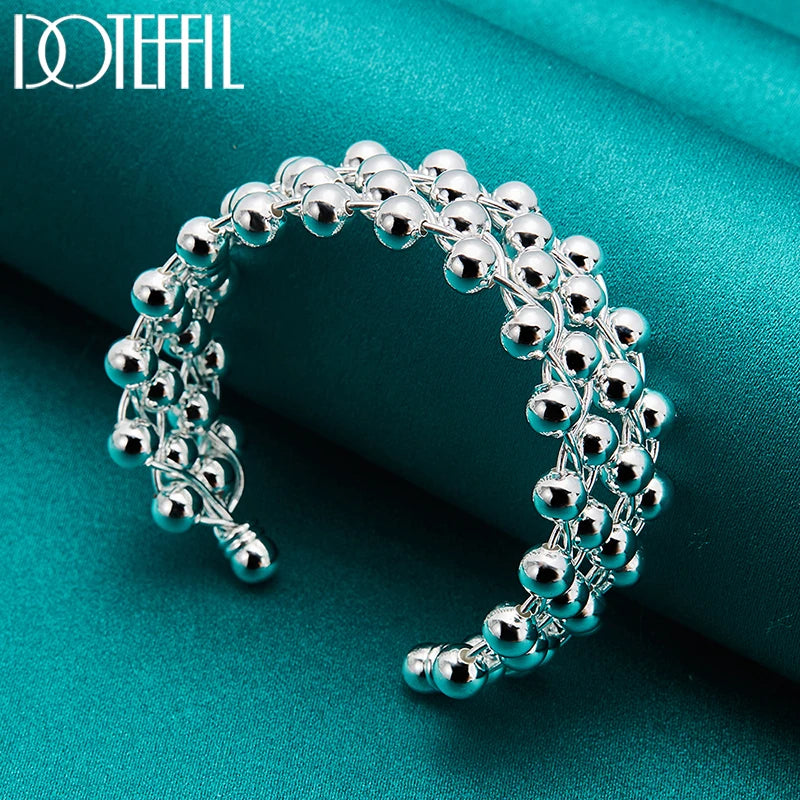 DOTEFFIL 925 Sterling Silver Full Smooth Beads Bangle Bracelet For Woman Man Wedding Engagement Fashion Charm Party Jewelry