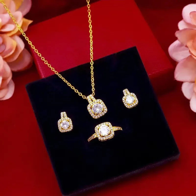 Fashion Square Zircon Necklace Earrings Ring Set For Women Luxury Wedding Engagement Jewelry Set Shining Party Jewelry Gifts