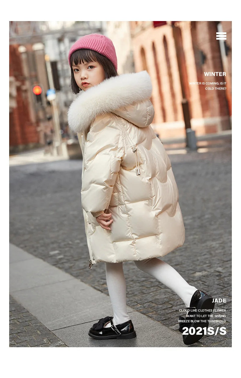 2024 Girl Winter Down Jacket Faux Fur Waterproof Hooded Long Girl Winter Outerwear Coat 5-16 Years Teenage Girl Parka Snowwear