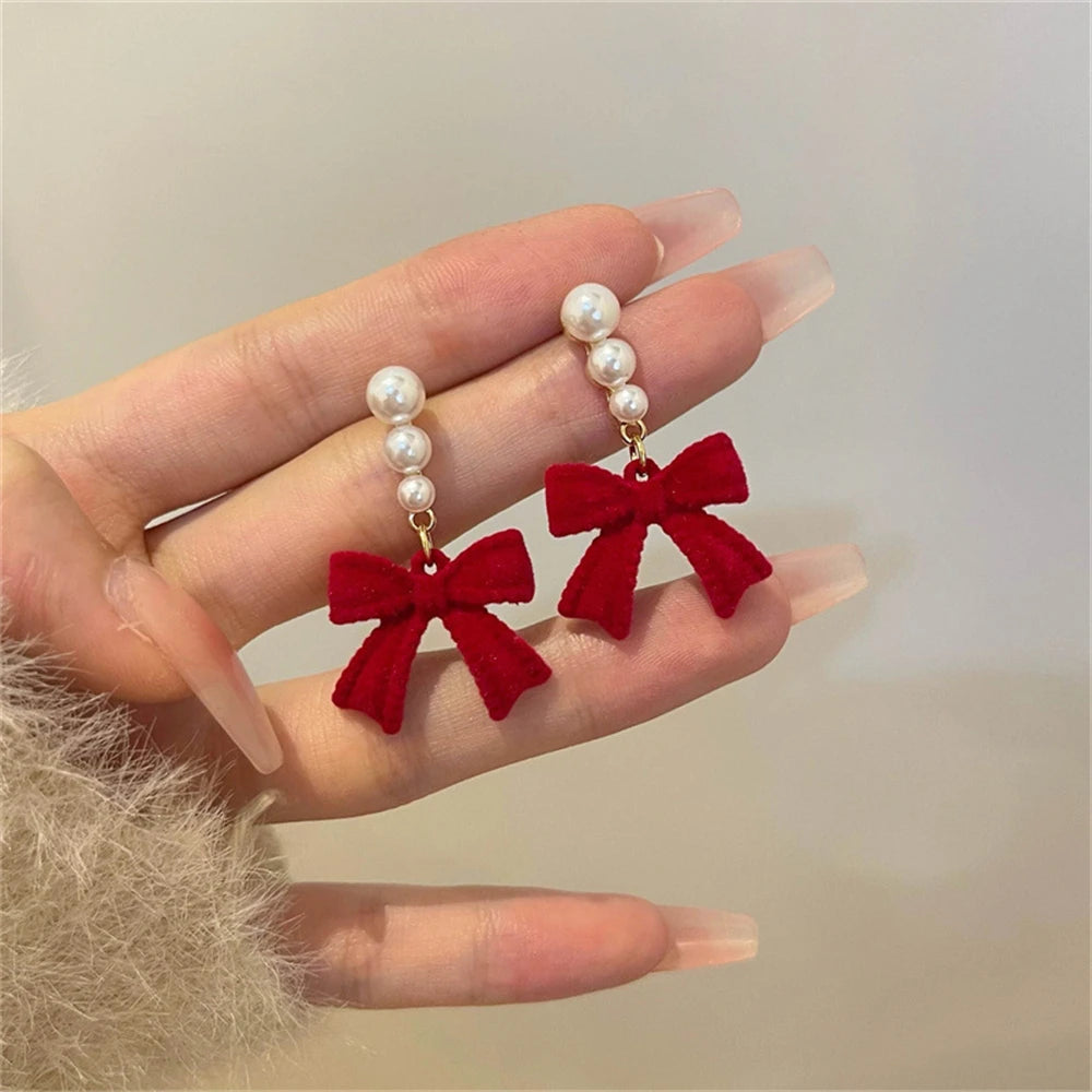 Bulbusbow Red Black Bowtie Earrings for Women and Girls with Simulated Pearls - Geometric Drop Earrings