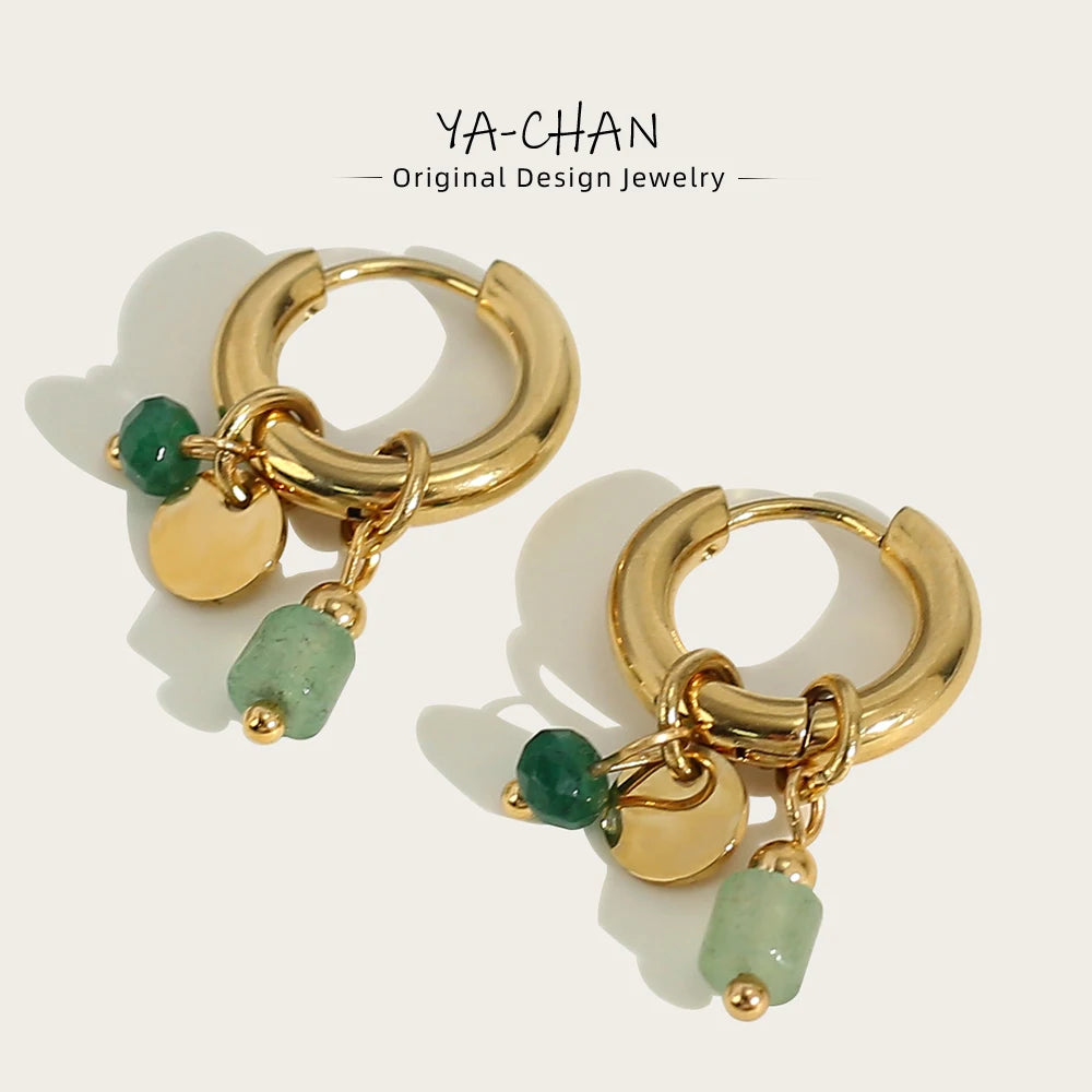 Bulbusbow 18K Gold Plated Stainless Steel Hoop Earrings | Vintage Green Natural Stone Charms