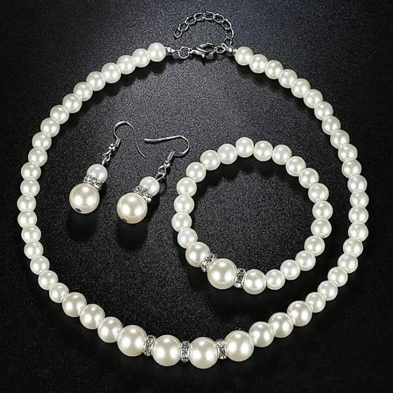 Bulbusbow Fashion Pearl Jewelry Set including double-layer simulated pearl necklace, earrings, and bracelet