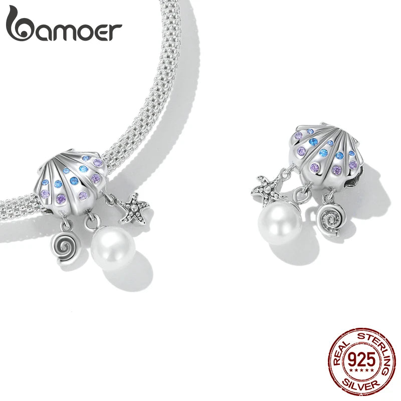 Bamoer 925 Sterling Silver Waves Glaze Spacer Beads Crystal Ball Pendant fit for Silver Charms Bracelet & Bangle Fine Jewelry