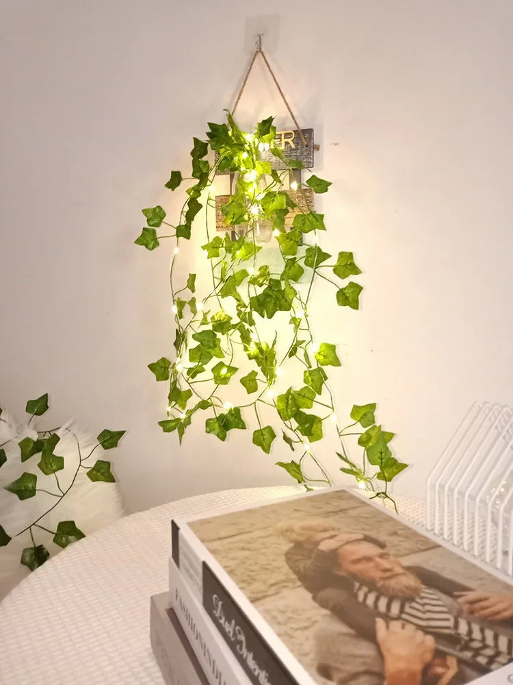 2Meter Green Leaf Ivy Vine with LED Lights String for Home Bedroom Decor Wedding Glowing Artifical Plant Garland Home Decor