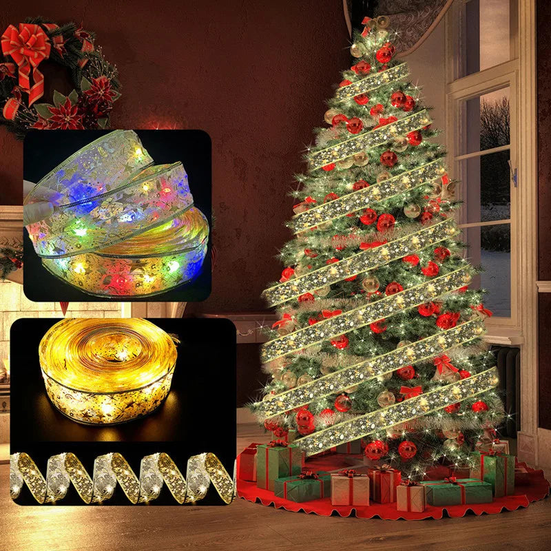 Christmas Decoration LED Ribbon Fairy Lights Christmas Tree Ornaments for Home 2025 DIY Bows Light String Navidad New Year 2025