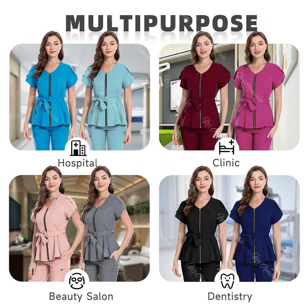 Women Scrubs set,zipper collar beauty clothes,high quality anti wrinkle medical uniforms,soft comfortable fashion nurse workwear