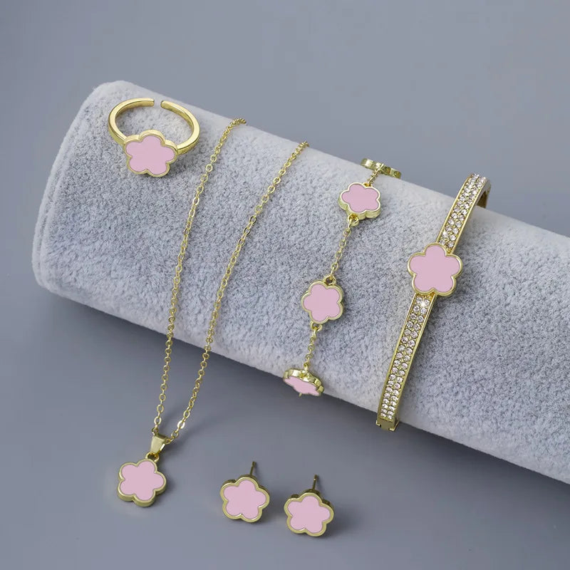 Bulbusbow 5pcs Luxury Plum Blossom Jewelry Set featuring earrings, rings, bracelet, necklace, and bangles