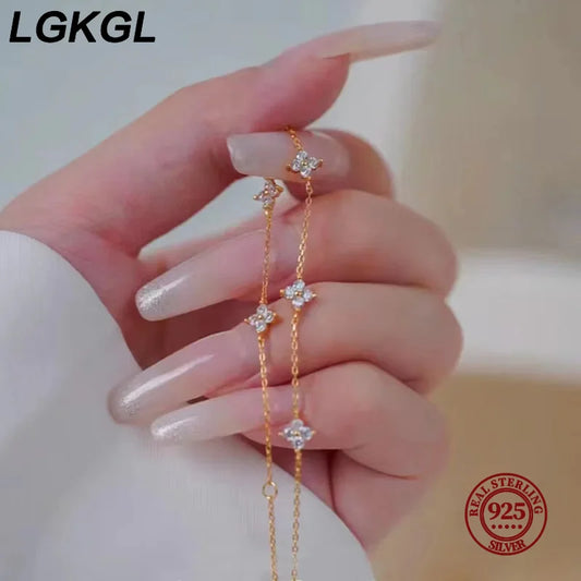 LGKGL 925 Sterling Silver Four-leaf Clover Zircon Starry 18K Gold Bracelets Women's Commuting Adjustable Chains Bracelet Jewelry