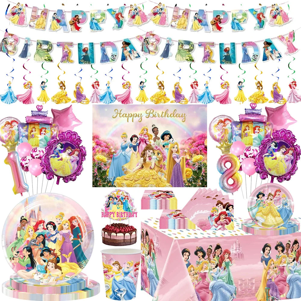 Disney Princess Birthday Decorations Balloons Seven Princesses Party Supplies Rapunzel Snow White Princess Tablecloth Baby Showe